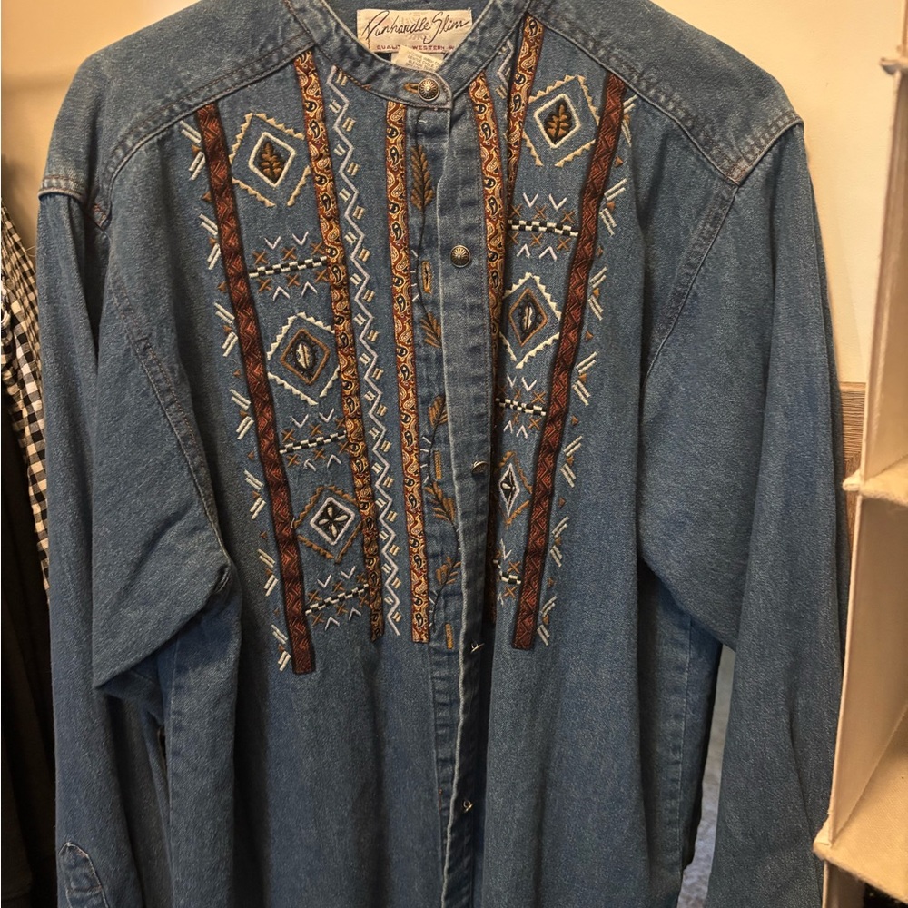 Panhandle Slim Blue Denim Shirt with Brown Embroidery